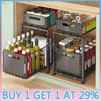 2-Tier Pull Out Basket Under Sink Kitchen Cupboard Organiser Drawer Storage Rack - Image 1 of 4