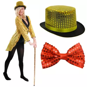 GOLD SEQUIN TAILCOAT TOP HAT AND RED BOW TIE HALLOWEEN FANCY DRESS DANCE COSTUME - Picture 1 of 7