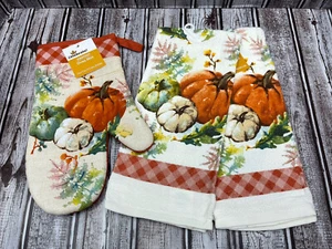 3Pc Kitchen Towel Oven Mitt Set Fall Orange Green White Pumpkin Plaid Autumn - Foto 1 di 6