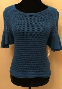 Free People Womens Pullover Sweater Small Blue Open Knit Scoop Neck Bell Sleeve  - Picture 1 of 9