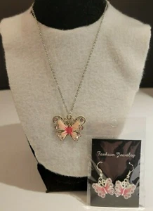 Handmade Pink Enamel Rhinestone Butterfly Necklace & Earrings Set - Jewelry - Picture 1 of 10