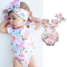 Newborn Baby Girls Clothes Floral Ruffle Sleeveless Romper Jumpsuit Headband Set