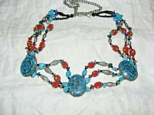 VINTAGE NATIVE AMERICAN TURQUOISE, CORAL SEED BEAD AND CARNELIAN BELT 48" LENGTH - Picture 1 of 4
