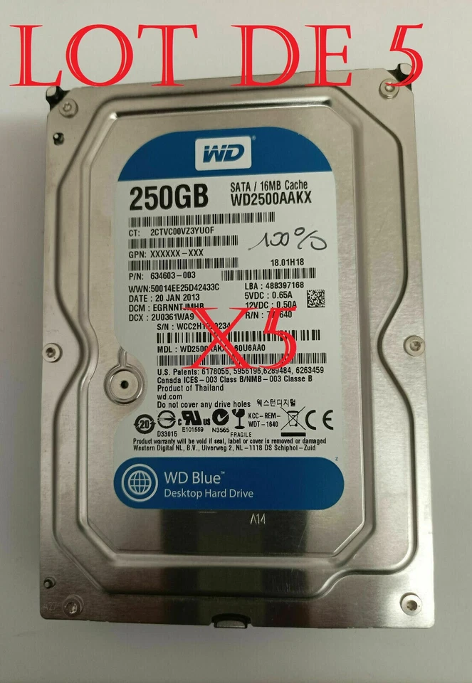 Lot de 5 Disques Dur WESTERN DiGITAL WD2500AAKX 250Go/3.5"/SATA/16Mo/7200tr  x5 - Photo 1/1