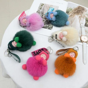 Pompom Sleeping Baby Keychain Cute Fluffy Plush Doll Keychains-_ - Picture 1 of 29