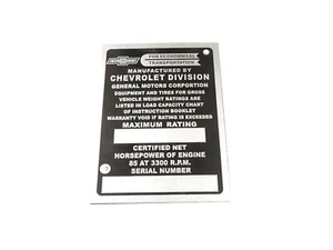 DATA PLATE FITS TO CHEVY CHEVROLET PICKUP TRUCK 1952-54 #V431-8 - Picture 1 of 6