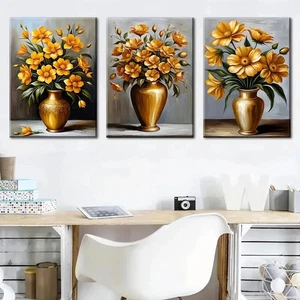 3pcs Vibrant Potted Floral Golden Vase Prefect Wall Art Canvas Framed 50x70cm - Foto 1 di 2