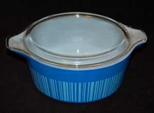 VINTAGE Pyrex Barcode Blue Stripes Casserole Dish 475B 2 1/2 Qt 1966 VERY CLEAN! - Picture 1 of 6