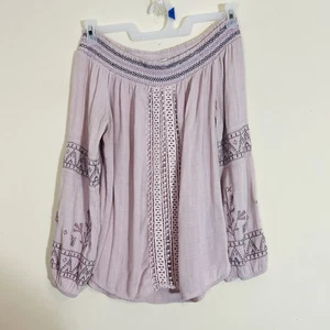 KNOX ROSE Off Shoulder Boho Embroidered Crochet Lace Tunic Top Sz Medium Hippie - Picture 1 of 5