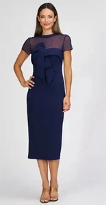 JS COLLECTIONS Navy Bow Front Sheer Illusion Stretch Crepe Cocktail Dress 12 - Picture 1 of 10