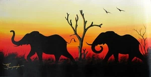 Elefanten, handgemaltes afrikanisches Bild Leinwand 31x61cm Unikat aus Südafrika - Bild 1 von 1