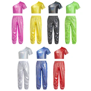 Girls Outfits 2pcs Costume Soft Set Shiny Dancewear Dance Pants One Shoulder - Picture 1 of 66