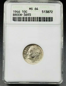 1946 P Roosevelt Silver Dime Coin Vintage ANACS MS64 Breen-3696 Type 2 Variety - Picture 1 of 4