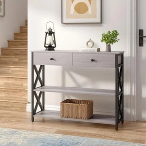 Rustic Grey Narrow Wooden Console Table with Drawers - Picture 1 of 12