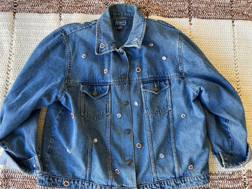 Shaver Lake Women 3x Flower Denim jacket with pearls and gems - Image 1 of 4