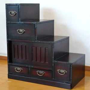 Japanese Step Chest Mingei-Style Kaidan Tansu Drawers Cabinet Vintage Right Low - Picture 1 of 19