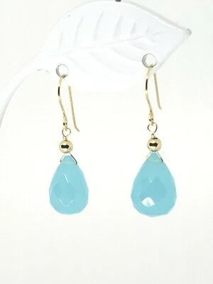 14k Yellow Gold Aqua Blue Chalcedony Briolette Drop Dangle Earrings - Image 1 of 4