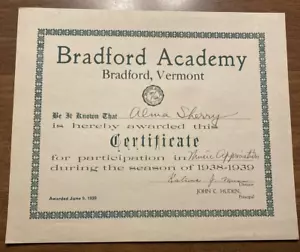 1939 Bradford Academy School Award Certificato Appriecation Musicale Vermont VT P7b - Foto 1 di 15