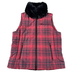 Lauren Ralph Lauren Vest Women's M Down Full Zip Plaid Puffer Faux Fur Collar - Picture 1 of 11
