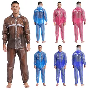 Unisex Adult Reflective Strips PVC Raincoat Elastic Waistband Long Pants Suit - Picture 1 of 54