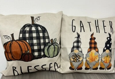 Throw Pillows.  Fall, Happy Autumn, Buffalo Plaid Farmhouse Pillows - Image 1 of 4