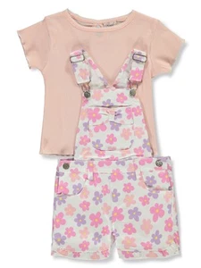 Real Love Girls' 2-Piece Flower Shortalls Set Outfit Color: rose Size: 4 - Picture 1 of 1