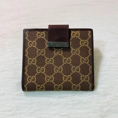 Carteira dupla de lona GUCCI GG couro marrom masculina feminina autêntica excelente - Imagem 1 de 4