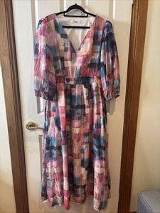 St Frock Maxi Dress Women’s Size 16 V Neck Purple With Blue Abstract Print - Picture 1 of 15