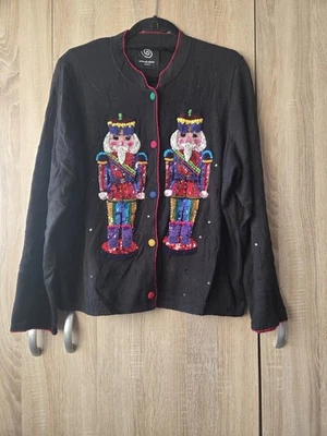 Vtg 04 Michael Simon Sequin Nutcracker Black Embellished Xmas Cardigan Size XL - Image 1 of 4