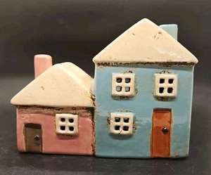 Village Pottery Pink Blue double house Tealight Holder art pottery - Picture 1 of 8