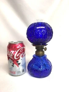 Antique Cobalt Blue EAPG Glass Miniature Oil Lamp & Shade Nutmeg Burner GWTW Old - Picture 1 of 19