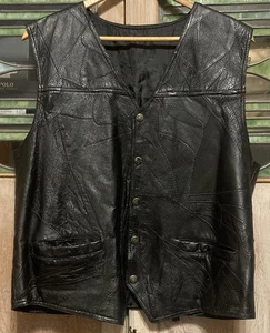 VINTAGE Herren Leder Weste schwarz Patchwork Taschen gefüttert Unisex - wie besehen - Bild 1 von 8