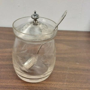 Cucchiaio da zucchero vintage Amston argento sterling 5 3/8" e coperchio in vetro zuccheriera - Foto 1 di 11