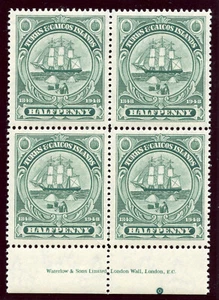 Turks & Caicos 1948 KGVI ½d blue-green WATERLOW Imprint block superb MNH. SG 210 - Picture 1 of 2