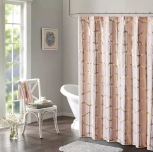 Arielle Gold Metallic Fabric Shower Curtain - Blush - Intelligent Design  New - Picture 1 of 5