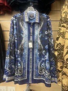 Barabas Men’s Casual Shirt Blue/Silver Paisley w/ Rhinestone ( X-Large ) - Picture 1 of 4