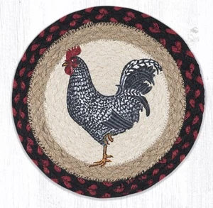 Black N White Rooster Chicken 10" Round Placemat Trivet Earth Rugs, Braided Jute - Picture 1 of 1