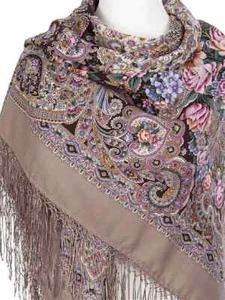 Shawl 53'' square 100 % merino wool silk fringe Russian Pavlovo Posad taupe 1769 - Picture 1 of 5
