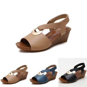 Womens Peep Toe Slip On Mid Heel Wedge Sandals Buckle Casual Summer Beach Shoes - Picture 1 of 17