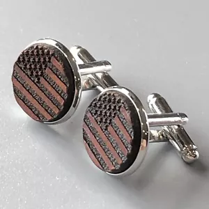 Cuff Links Mid-Century Silver-Tone Wood American Flags Vintage Men's Jewelry - Picture 1 of 9