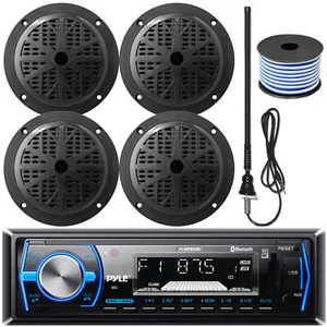 Pyle PLMRB38B Bluetooth Receiver, 4x 5.25'' Black Marine Speakers, Wire, Antenna - Picture 1 of 6