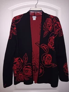 Chico's Sz.0 (Small) Open Front Knit Cardigan Black W/Red Roses - Picture 1 of 5
