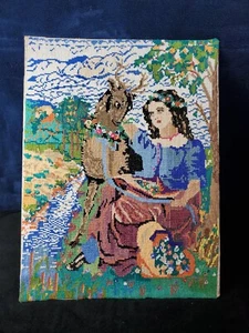 VINTAGE Woman Deer Nature Spring Flowers needlepoint 19.5" x 26" - Picture 1 of 12