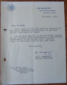 Air Ministry Letter To PH Dobbs 1952 Sir Walter Monckton Re Security in Bristol - Picture 1 of 2