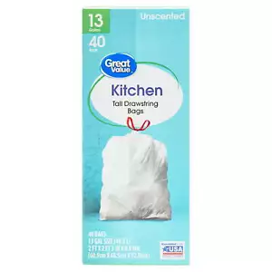 Great Value 13-Gallon Drawstring Tall Kitchen Trash Bags, Unscented, 40 Bags - Picture 1 of 6