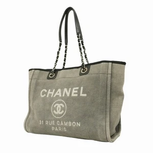 CHANEL Tote Bag Deauville Canvas Gray Black White Silver Metal Fittings - Picture 1 of 10