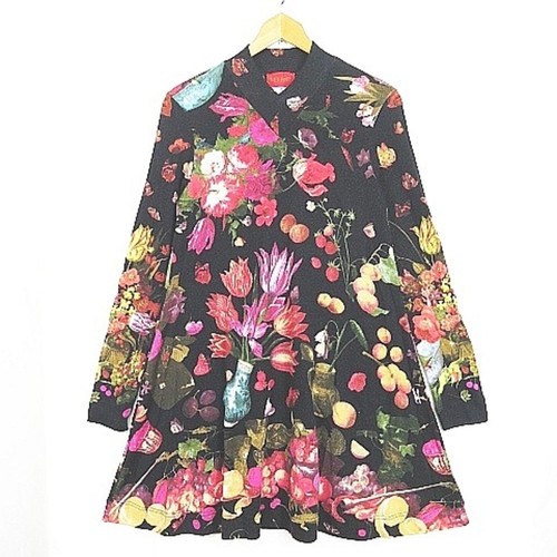 Abito Kenzo PARIS scollo a V manica lunga M motivo totale nero vintage 2sa6695