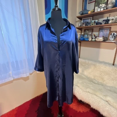 De Colección Ekouaer Brillante Brillante Satén Camisa para Dormir Vestido XXL Azul Zafiro Con Botones Foto 1 de 4