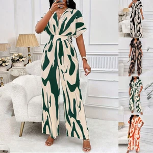 Damen Drucken Overall Jumpsuit Sommer Elegant Weites Bein Langhose Hosenanzug DE - Bild 1 von 17