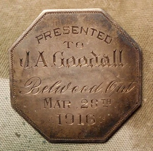 6946 Canada Engraved: Belwood, Ont., Presented To J.A. Goodall, Mar. 28th, 1916 - Picture 1 of 3